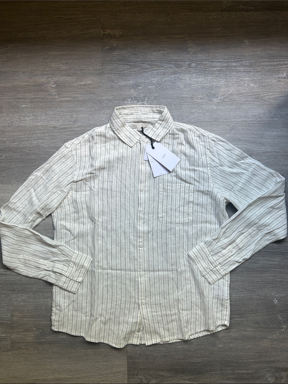 Onia Men's White Linen Button-Down Shirt w/ Light Green & Gray Stripes Large NWT